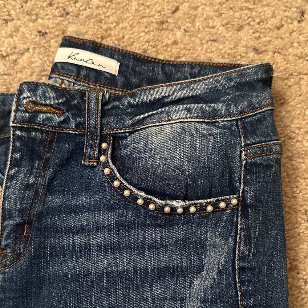 KanCan High Rise Blue Jeans with Pearl Accents